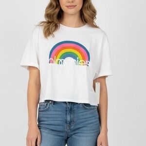 Bloomies Rainbow Graphic T-Shirt White‎ Short Sleeve Top Made in USA Women's M